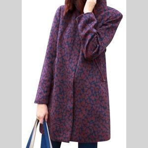 LOFT Wool Blend Burgundy Navy Blue Leopard Print Funnelneck Statement Coat